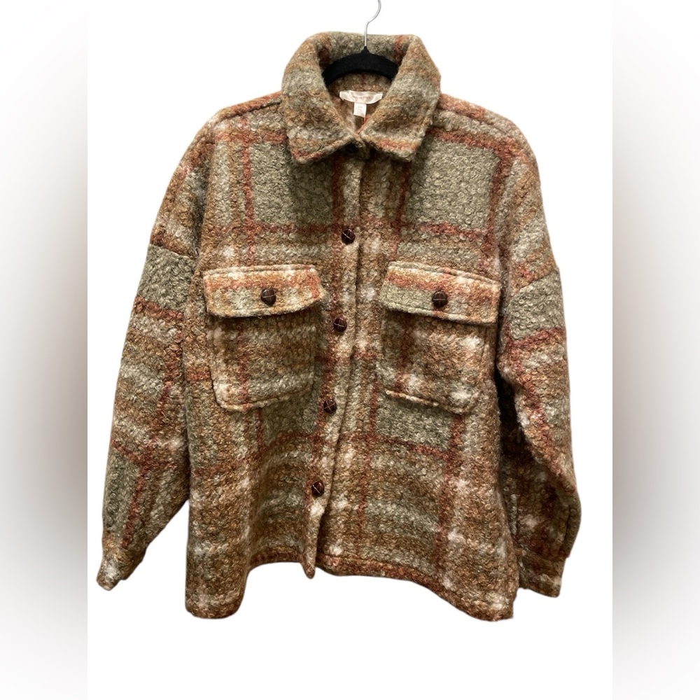 Autres Filles Sz L Wool-Blend Plaid Shaket Jacket in Olive & Rust